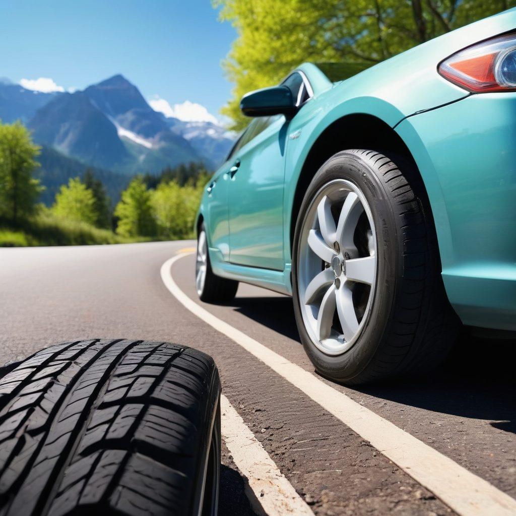 A close-up of well-maintained tires on a sleek car, set against a picturesque winding road under a clear blue sky. Incorporate a toolkit and tire gauge beside the tires to symbolize care and maintenance. Include elements of nature, like green trees and mountains in the background to enhance the journey theme. super-realistic. vibrant colors. bright daylight.