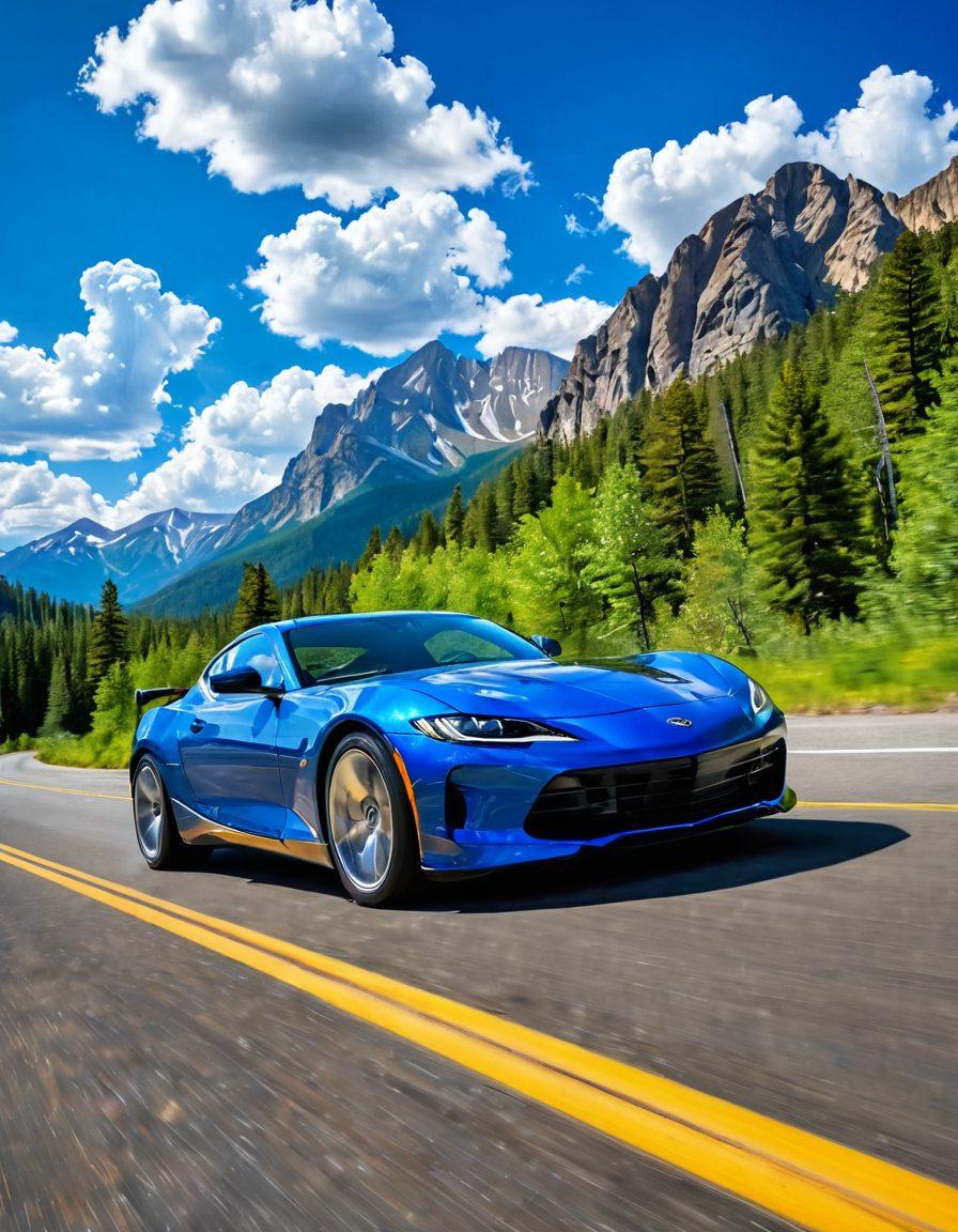 An adventurous road scene featuring a sleek car with shiny new tires zooming along a winding highway surrounded by rocky mountains and vibrant green trees. The sky is a brilliant blue with fluffy white clouds, portraying a sense of freedom and excitement. Include various tire designs in the foreground to emphasize quality and selection. super-realistic. vibrant colors. dynamic perspective.