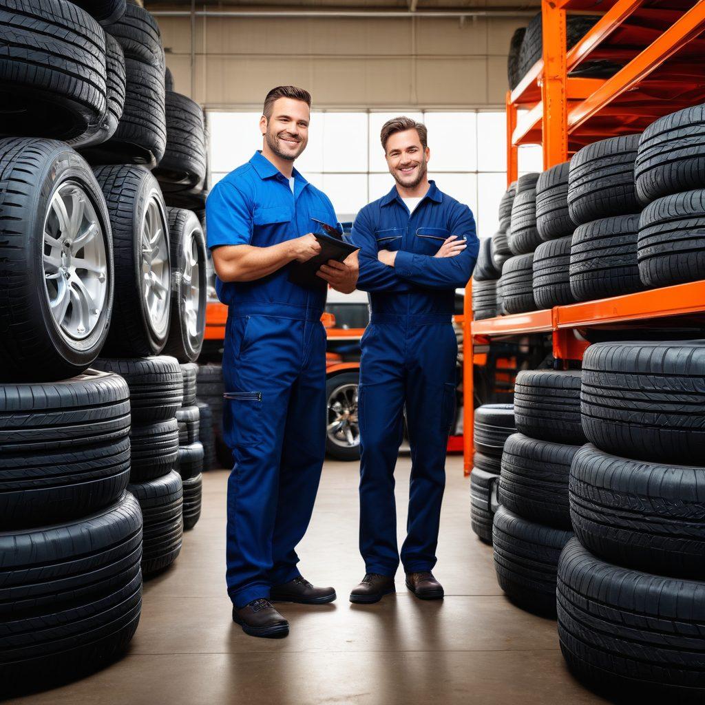 A confident mechanic in a bright garage surrounded by various vehicles, showcasing their expertise in tire solutions. Highlight a wide selection of quality tires displayed prominently, along with tools of the trade. Include a satisfied customer examining a tire with a smile, emphasizing trust and reliability. Vibrant colors. super-realistic.